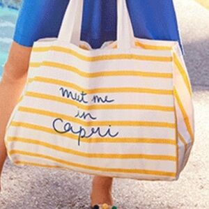Loft "Meet Me In Capri" Bag Yellow and White striped cotton canvas Tote Bag